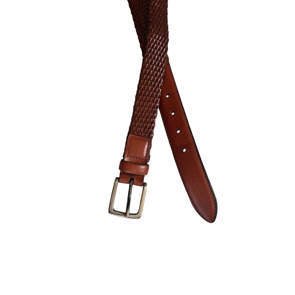 Cognac Brown Woven Braided Faux Leather Belt Silver Buckle size 36